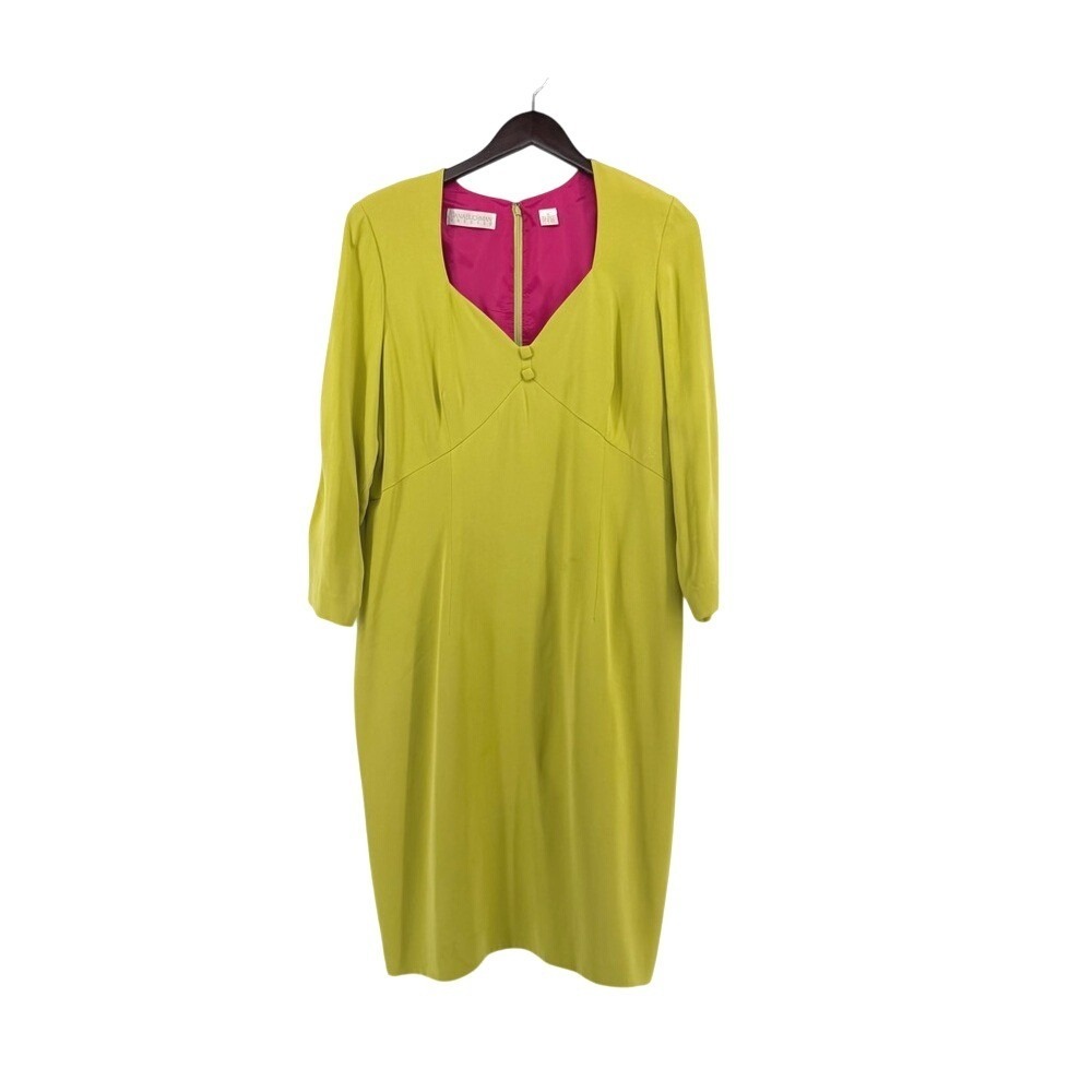 Dana Buchman 100% Silk Lime Green Chartreuse Midi Dress Pink‎ Lining Size 16